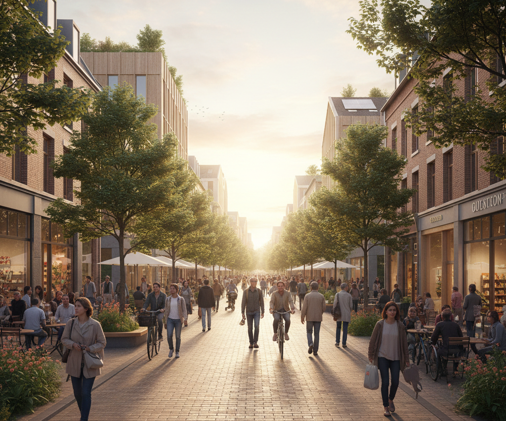 Future vision of a 15-minute city district with walkable amenity, active travel, and mixed-use development